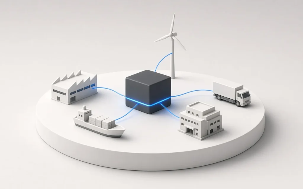 Central compute unit linked by blue lines to miniature models of a factory, cargo ship, wind turbine, hospital and delivery truck
