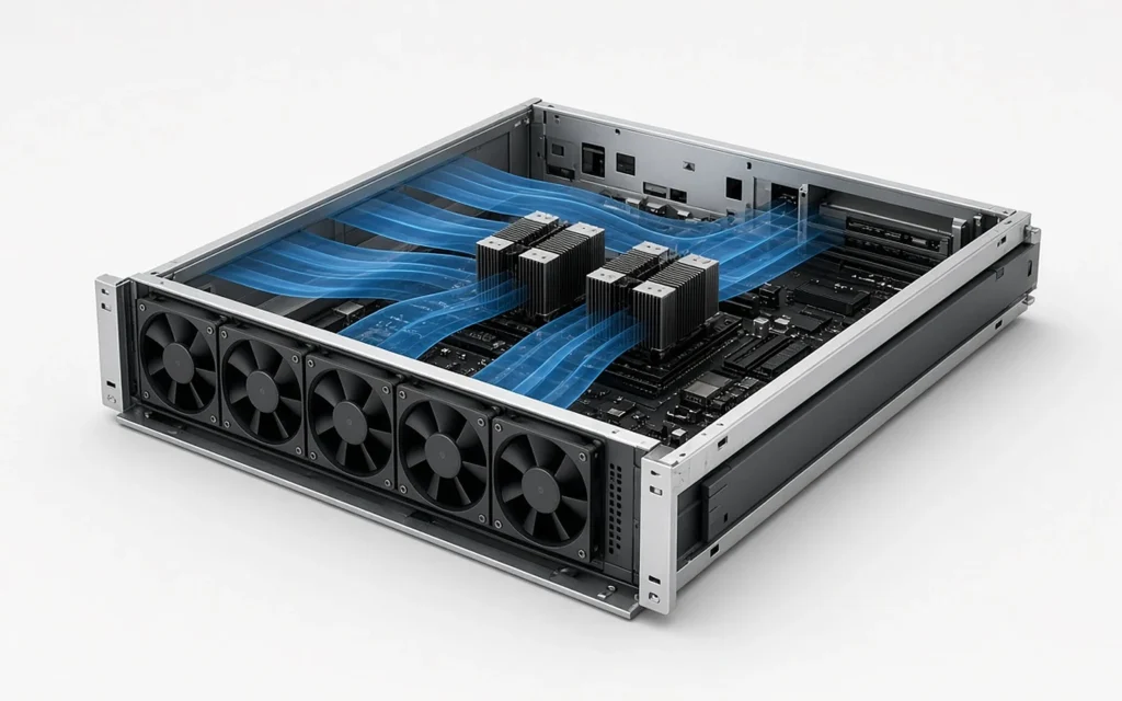 Open rack server with blue airflow streams passing from the front fans over the heatsinks
