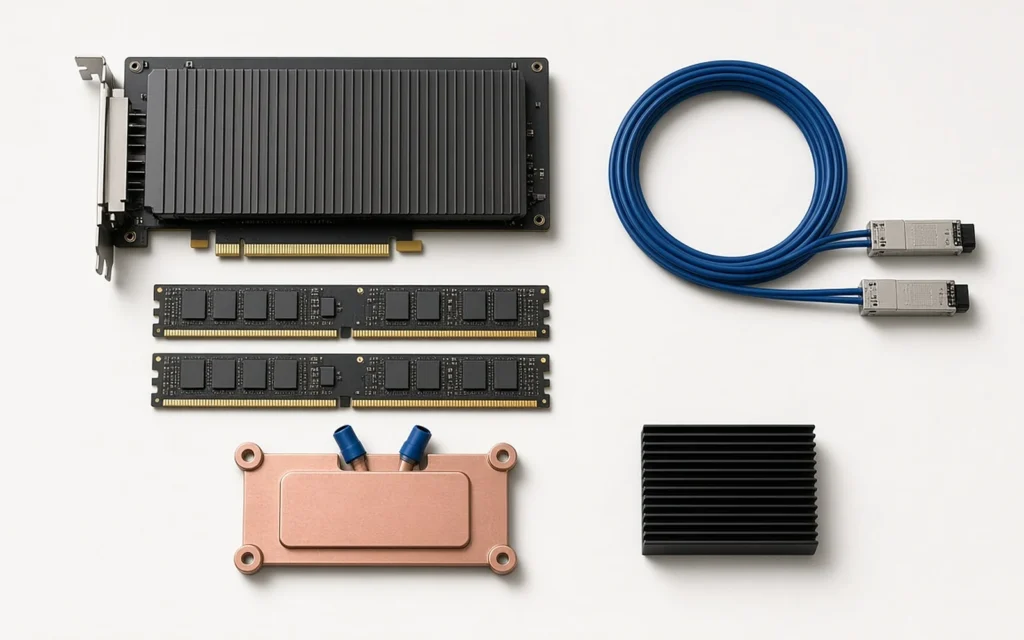 AI hardware parts laid out flat: a GPU card, memory modules, a network cable, a liquid cooling plate and a heatsink